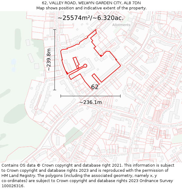 62, VALLEY ROAD, WELWYN GARDEN CITY, AL8 7DN: Plot and title map