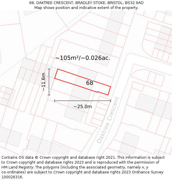 68, OAKTREE CRESCENT, BRADLEY STOKE, BRISTOL, BS32 9AD: Plot and title map