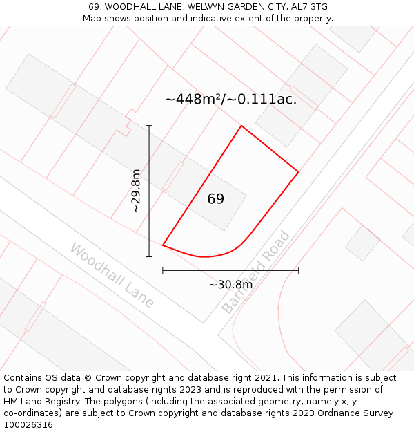 69, WOODHALL LANE, WELWYN GARDEN CITY, AL7 3TG: Plot and title map