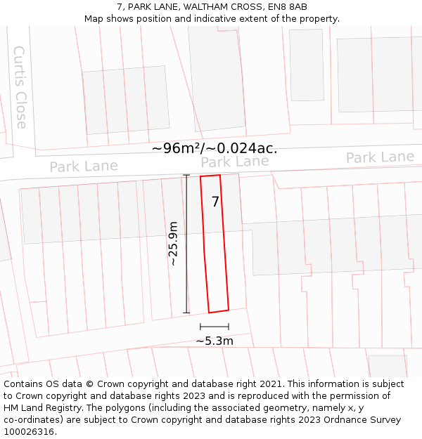 7, PARK LANE, WALTHAM CROSS, EN8 8AB: Plot and title map