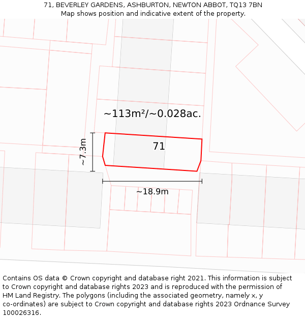 71, BEVERLEY GARDENS, ASHBURTON, NEWTON ABBOT, TQ13 7BN: Plot and title map