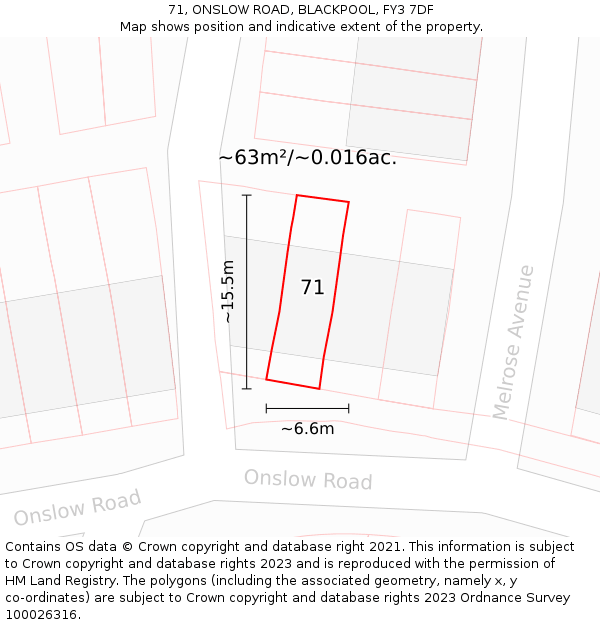 71, ONSLOW ROAD, BLACKPOOL, FY3 7DF: Plot and title map