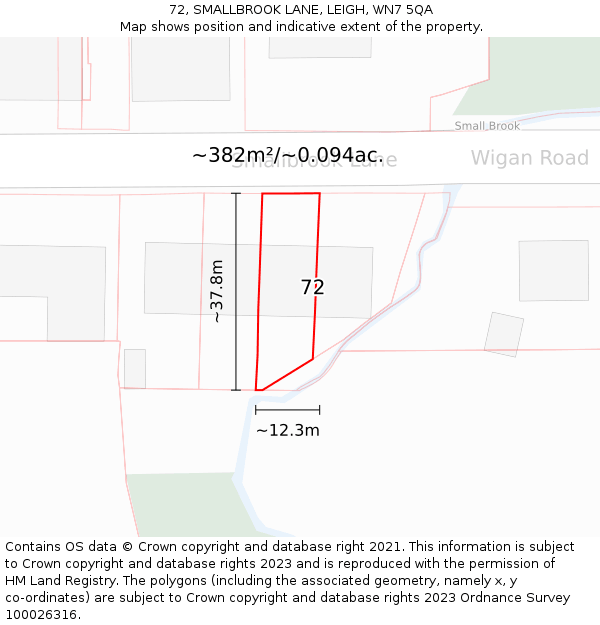 72, SMALLBROOK LANE, LEIGH, WN7 5QA: Plot and title map