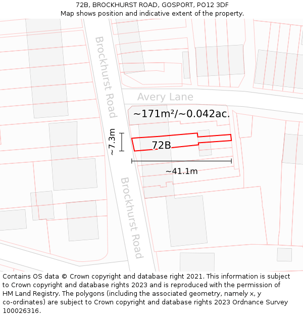 72B, BROCKHURST ROAD, GOSPORT, PO12 3DF: Plot and title map