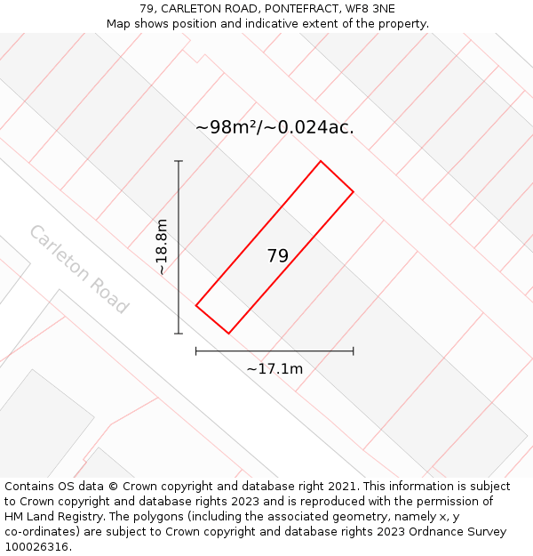 79, CARLETON ROAD, PONTEFRACT, WF8 3NE: Plot and title map