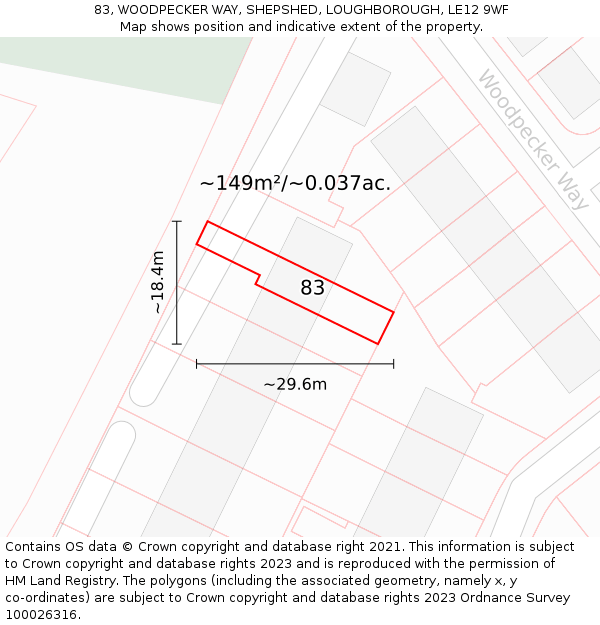 83, WOODPECKER WAY, SHEPSHED, LOUGHBOROUGH, LE12 9WF: Plot and title map