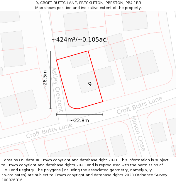 9, CROFT BUTTS LANE, FRECKLETON, PRESTON, PR4 1RB: Plot and title map