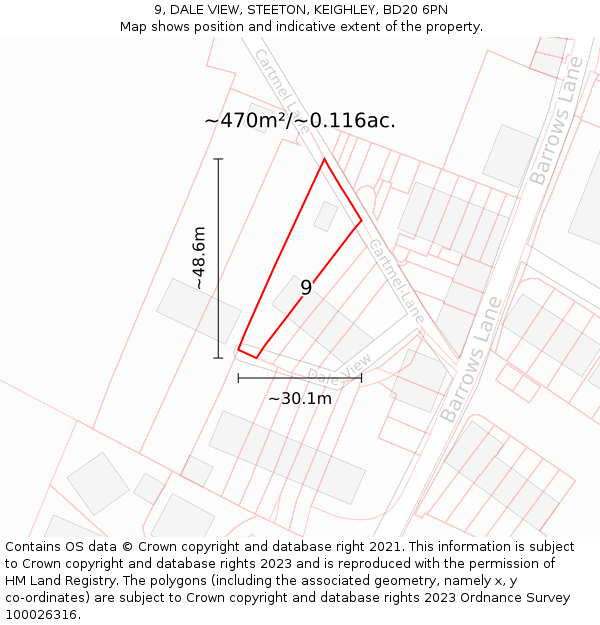 9, DALE VIEW, STEETON, KEIGHLEY, BD20 6PN: Plot and title map