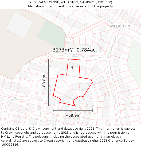 9, DERWENT CLOSE, WILLASTON, NANTWICH, CW5 6QQ: Plot and title map