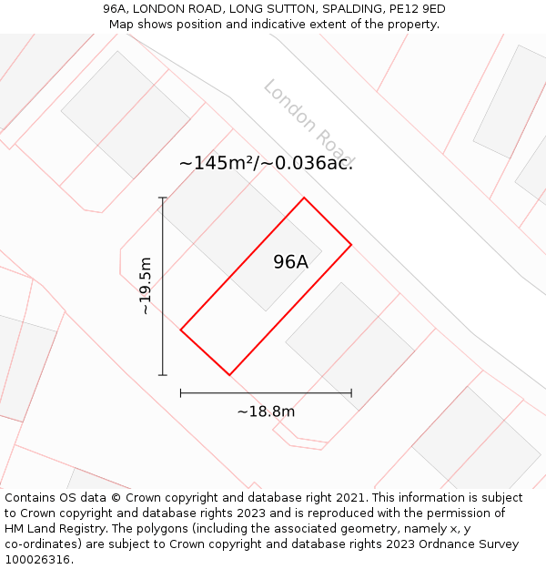 96A, LONDON ROAD, LONG SUTTON, SPALDING, PE12 9ED: Plot and title map