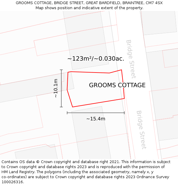 GROOMS COTTAGE, BRIDGE STREET, GREAT BARDFIELD, BRAINTREE, CM7 4SX: Plot and title map
