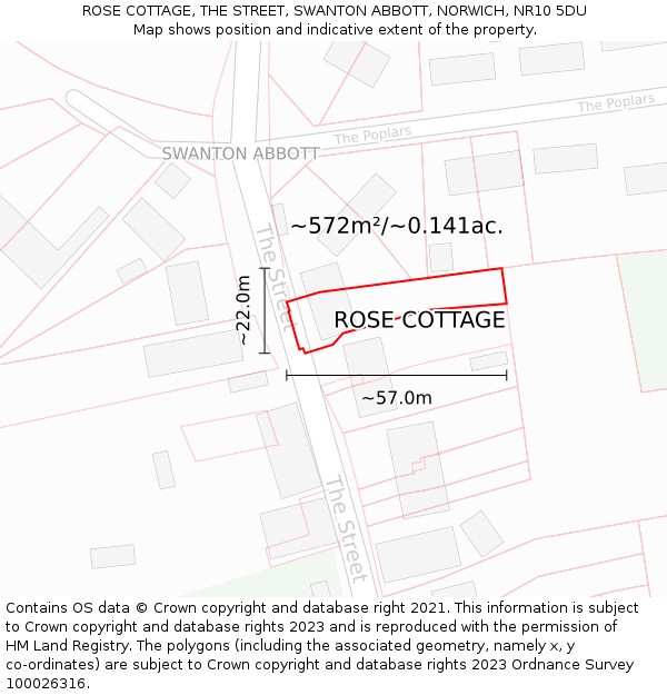 ROSE COTTAGE, THE STREET, SWANTON ABBOTT, NORWICH, NR10 5DU: Plot and title map