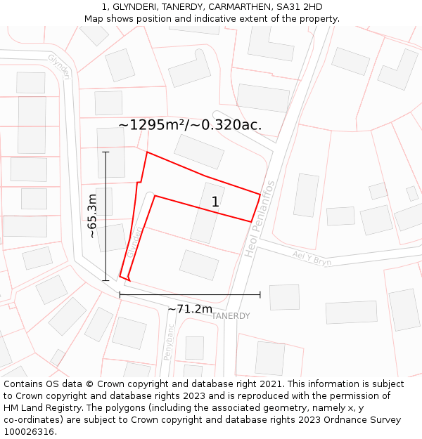 1, GLYNDERI, TANERDY, CARMARTHEN, SA31 2HD: Plot and title map