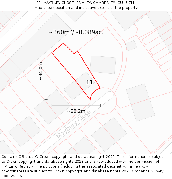 11, MAYBURY CLOSE, FRIMLEY, CAMBERLEY, GU16 7HH: Plot and title map