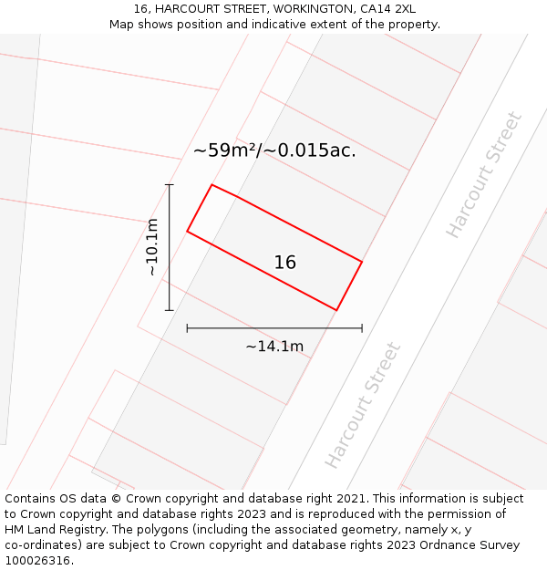 16, HARCOURT STREET, WORKINGTON, CA14 2XL: Plot and title map