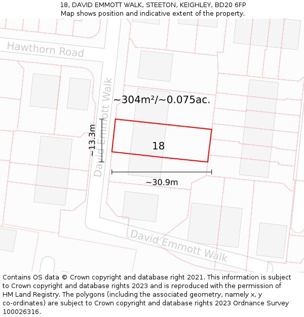 18, DAVID EMMOTT WALK, STEETON, KEIGHLEY, BD20 6FP: Plot and title map