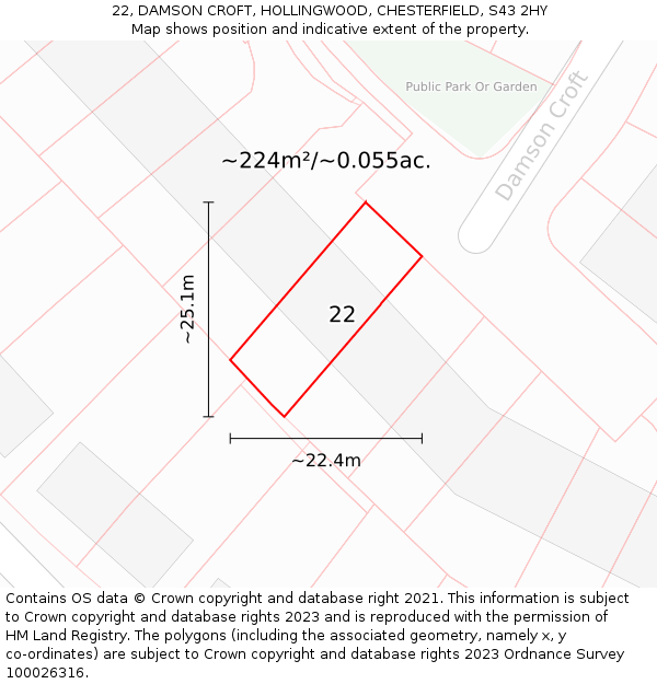 22, DAMSON CROFT, HOLLINGWOOD, CHESTERFIELD, S43 2HY: Plot and title map