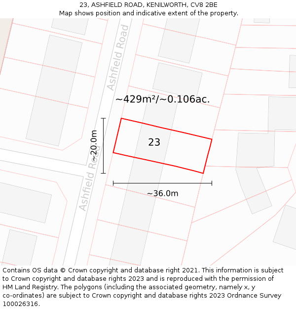 23, ASHFIELD ROAD, KENILWORTH, CV8 2BE: Plot and title map