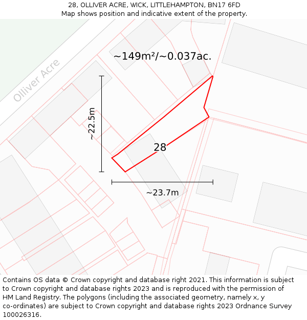 28, OLLIVER ACRE, WICK, LITTLEHAMPTON, BN17 6FD: Plot and title map