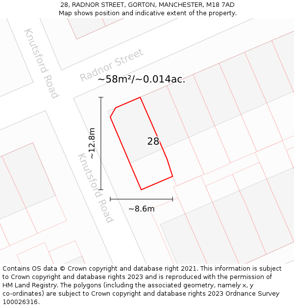 28, RADNOR STREET, GORTON, MANCHESTER, M18 7AD: Plot and title map
