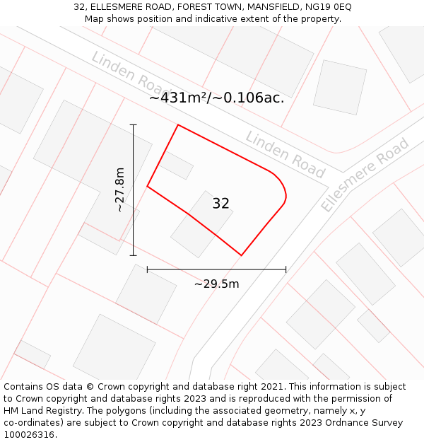 32, ELLESMERE ROAD, FOREST TOWN, MANSFIELD, NG19 0EQ: Plot and title map