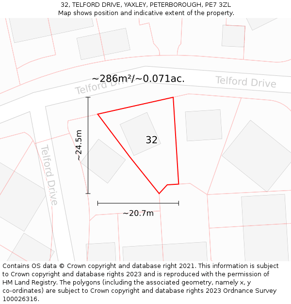 32, TELFORD DRIVE, YAXLEY, PETERBOROUGH, PE7 3ZL: Plot and title map