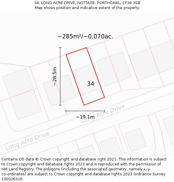 34, LONG ACRE DRIVE, NOTTAGE, PORTHCAWL, CF36 3SB: Plot and title map