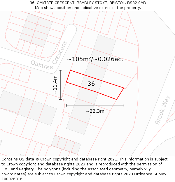 36, OAKTREE CRESCENT, BRADLEY STOKE, BRISTOL, BS32 9AD: Plot and title map