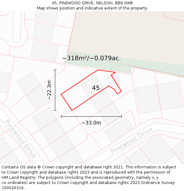45, PINEWOOD DRIVE, NELSON, BB9 0WB: Plot and title map