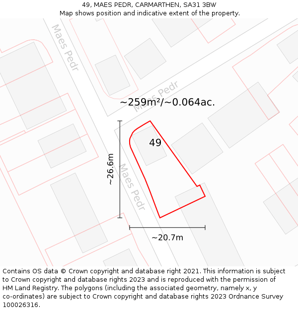 49, MAES PEDR, CARMARTHEN, SA31 3BW: Plot and title map