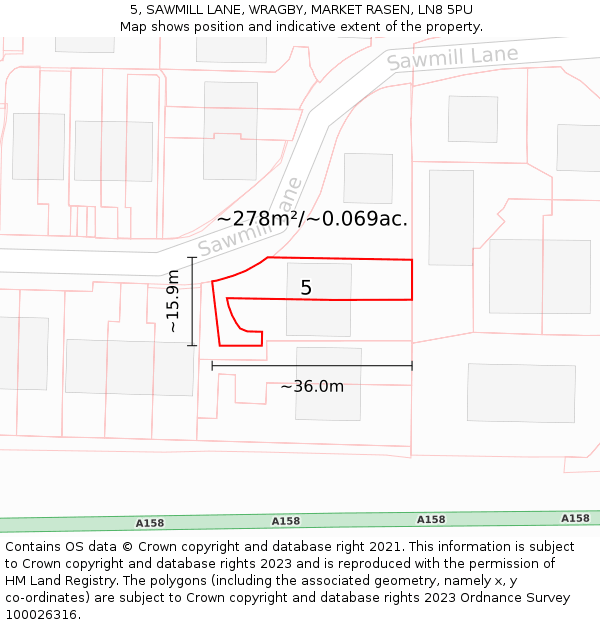 5, SAWMILL LANE, WRAGBY, MARKET RASEN, LN8 5PU: Plot and title map