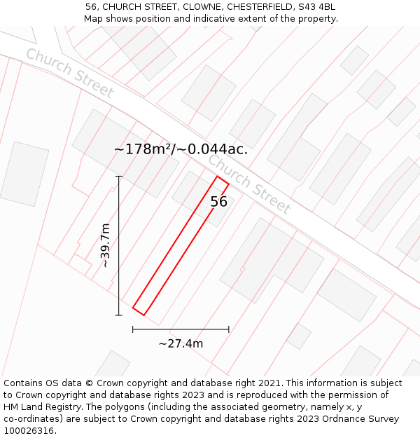 56, CHURCH STREET, CLOWNE, CHESTERFIELD, S43 4BL: Plot and title map