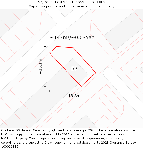 57, DORSET CRESCENT, CONSETT, DH8 8HY: Plot and title map