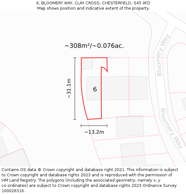 6, BLOOMERY WAY, CLAY CROSS, CHESTERFIELD, S45 9FD: Plot and title map