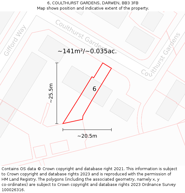 6, COULTHURST GARDENS, DARWEN, BB3 3FB: Plot and title map