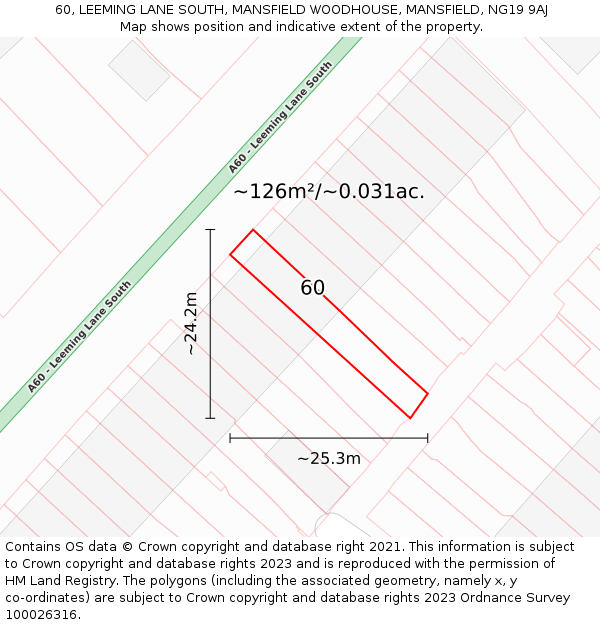 60, LEEMING LANE SOUTH, MANSFIELD WOODHOUSE, MANSFIELD, NG19 9AJ: Plot and title map