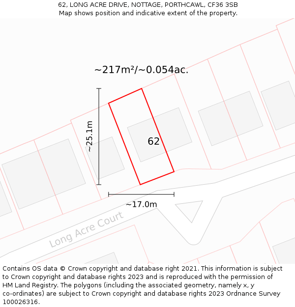 62, LONG ACRE DRIVE, NOTTAGE, PORTHCAWL, CF36 3SB: Plot and title map