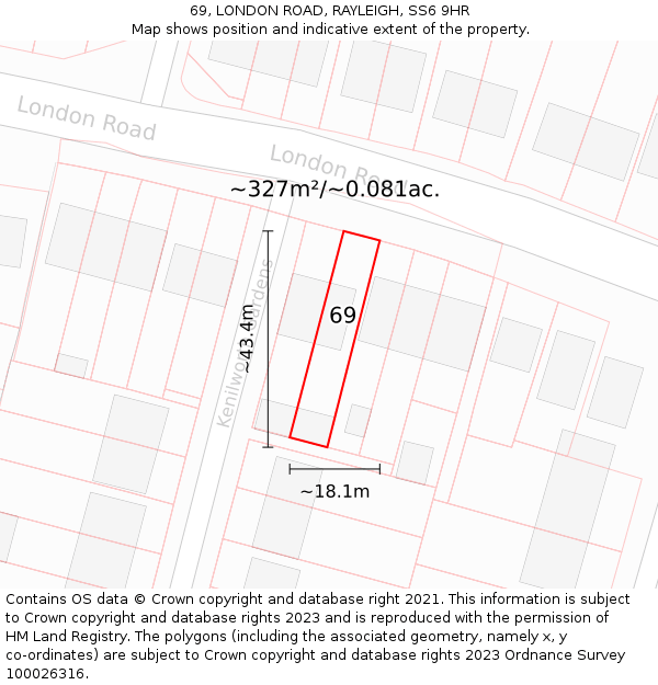 69, LONDON ROAD, RAYLEIGH, SS6 9HR: Plot and title map