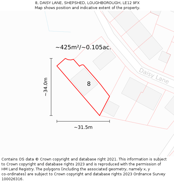 8, DAISY LANE, SHEPSHED, LOUGHBOROUGH, LE12 9FX: Plot and title map