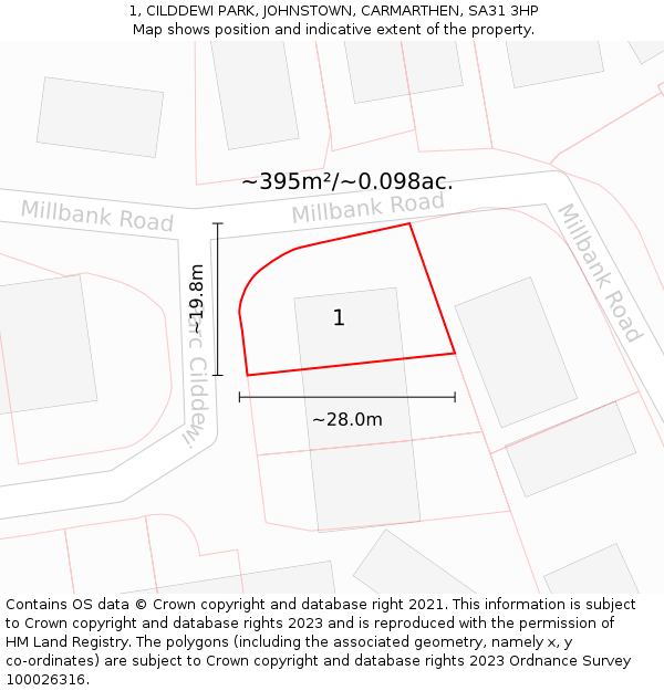 1, CILDDEWI PARK, JOHNSTOWN, CARMARTHEN, SA31 3HP: Plot and title map