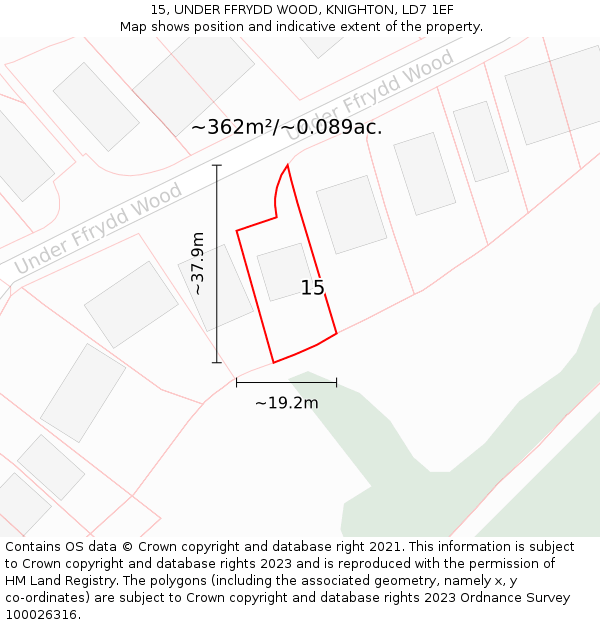 15, UNDER FFRYDD WOOD, KNIGHTON, LD7 1EF: Plot and title map