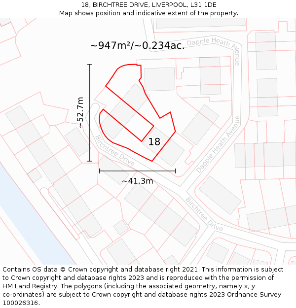 18, BIRCHTREE DRIVE, LIVERPOOL, L31 1DE: Plot and title map