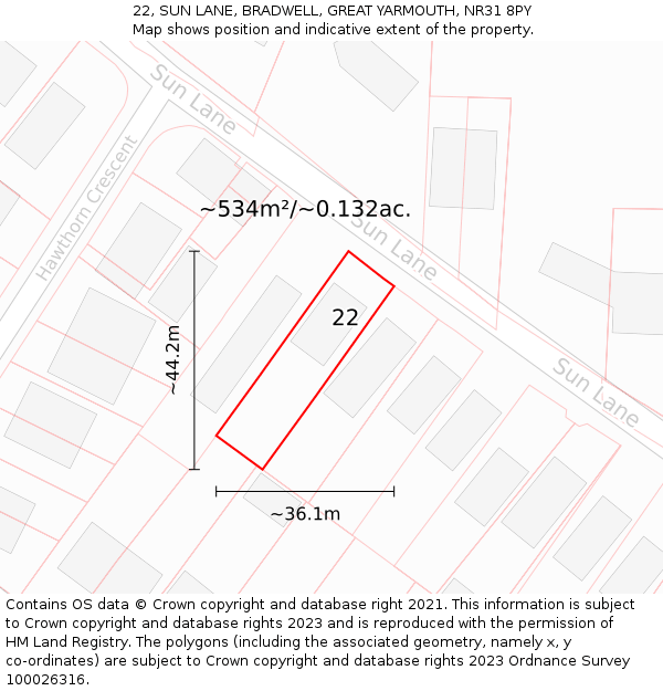 22, SUN LANE, BRADWELL, GREAT YARMOUTH, NR31 8PY: Plot and title map