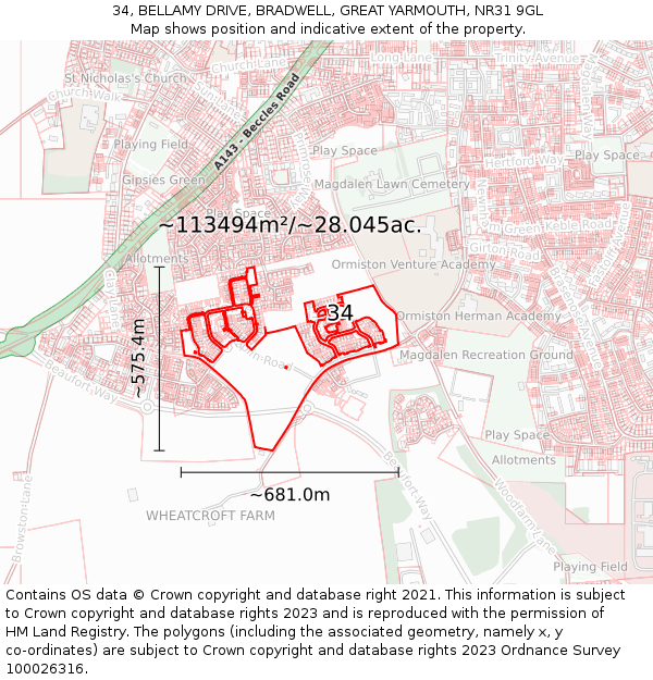 34, BELLAMY DRIVE, BRADWELL, GREAT YARMOUTH, NR31 9GL: Plot and title map