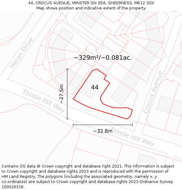 44, CROCUS AVENUE, MINSTER ON SEA, SHEERNESS, ME12 3GX: Plot and title map