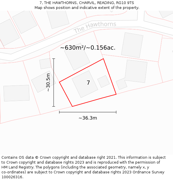 7, THE HAWTHORNS, CHARVIL, READING, RG10 9TS: Plot and title map