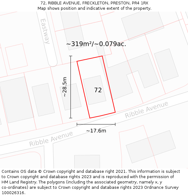 72, RIBBLE AVENUE, FRECKLETON, PRESTON, PR4 1RX: Plot and title map