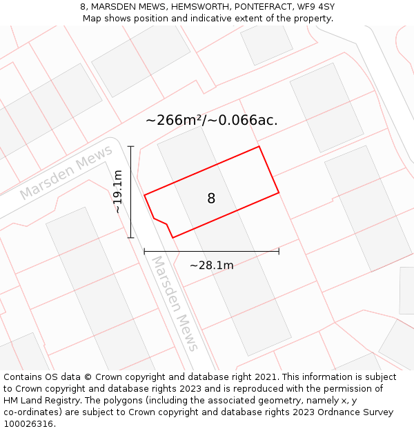 8, MARSDEN MEWS, HEMSWORTH, PONTEFRACT, WF9 4SY: Plot and title map