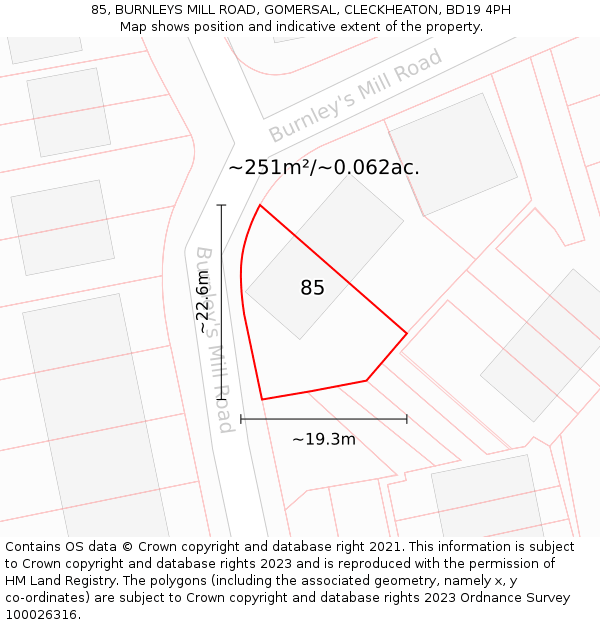 85, BURNLEYS MILL ROAD, GOMERSAL, CLECKHEATON, BD19 4PH: Plot and title map