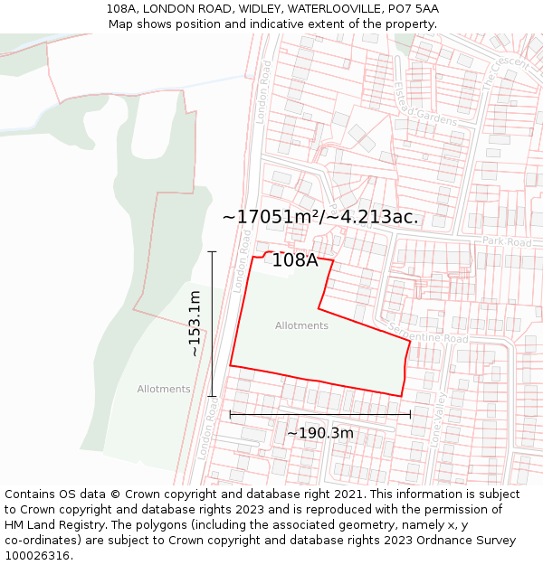 108A, LONDON ROAD, WIDLEY, WATERLOOVILLE, PO7 5AA: Plot and title map